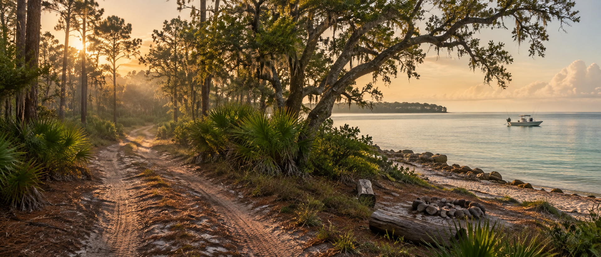 A wooded trail leading toward calm Gulf Coast water at sunrise